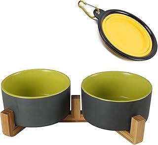 Heavy 6.1 in Ceramic Cat Dog Bowls Set with Wood Stand for Food and Water