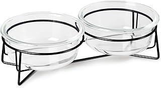 Double Glass Raised Cat or Small Dog Bowl with Metal Stand for Pet Food and Water Dishes