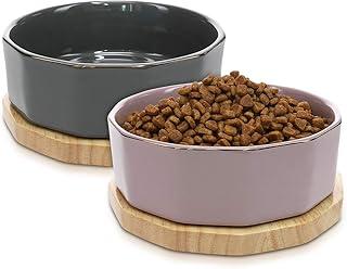 Navaris Ceramic Dog Bowl with Non Slip Real Oak Wood Underlay