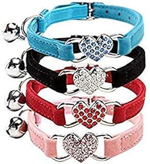 CHUKCHI Pink Soft Velvet Safe Cat Adjustable Collar with Crystal Heart Charm and Bells