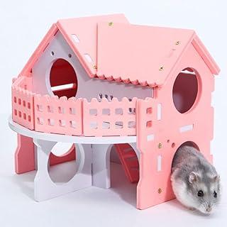 Hamiledyi wooden hamster house,Asset Ecological Wood Small Animal Hideout Hut Deluxe Double Deck Villa Slide