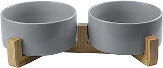 Grey Ceramic Dog Bowls with Wood Stand No Spill