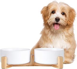 Ceramic Dog Bowl Set with Non Slip Wood Stand for Food Water Feeding