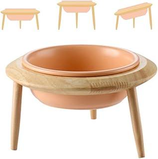 LIONWEI Orange Ceramic Adjustable Elevated Raised Pet Bowl with Wood Stand