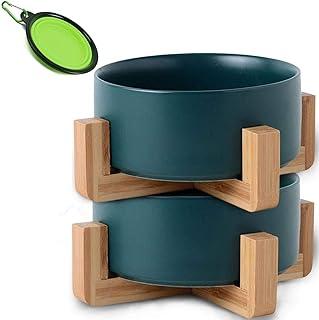 Petygooing Green Ceramic Dog Cat Bowl Dish with Stand for Food and Water