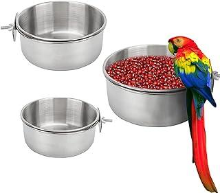 Bird Feeding Dish Cups 3 Pack Parrot Food Bowl with Clamp Holder Stainless Steel