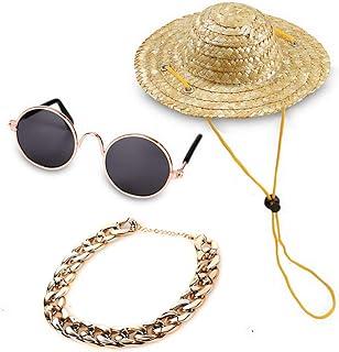 YESSART Pet Cat Costume Black Sunglasses Gold Chain Collar Hat Set
