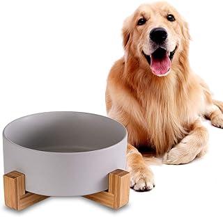 Grey Ceramic Pet Bowls with Wood Stand, Heavy Weighted or No Tip Over Dog Comfort Food Dish