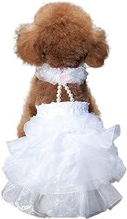 Dog Wedding Dress Bride Outfit with Pearl Necklace and Rose Pet Princess Formal Apparel for Puppy Cat