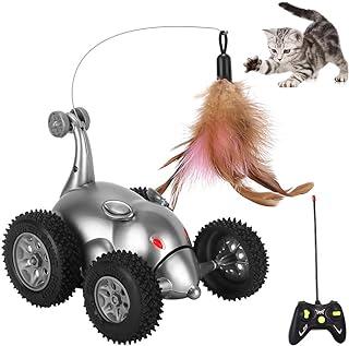 SlowTon Remote Cat Feather Toy, Mouse Shape Interactive Moving Automatic Robotic Rat Sound Chaser Prank Car for Kitten