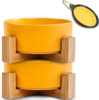 Petygooing Yellow Ceramic Dog Cat Bowl Dish with Stand for Food and Water Feeder
