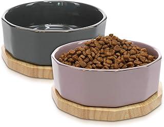 Navaris Ceramic Dog Bowl with Non Slip Real Oak Wood Underlay