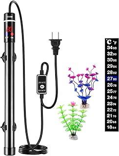 ZEETOON 500W Aquarium Heater with 2 Artificial Plants 1 Stick-on Thermometer
