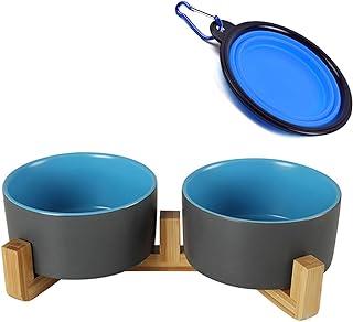 Petygooing Ceramic Cat Dog Bowls Set with Wood Stand for Food and Water