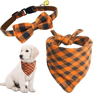 KUDES 2 Pack Small Dog Collar Breakaway and Bandana Set with Bell, Adjustable Plaid Bowtie