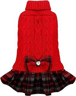KYEESE Christmas Dogs Sweater Dress Plaid with Bowtie Turtleneck Puppy Cat Pullover