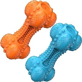 Two Squeaky Dog Chew Toy for Aggressive, Tough Indestructible Rubber Bone with Toothbrush