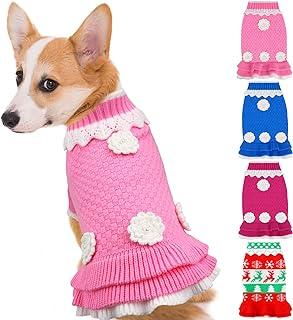 Joytale Small Dog Sweater Turtleneck Dress, Soft Warm Winter Pet Cable Knitwear Clothes with Cut Flower