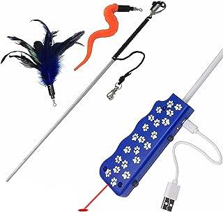 Pet Fit For Life Rechargeable Chaser Safe LED Light Cat Feather Teaser Toy and Interactive Squiggly Worm Kitten Wand Combo