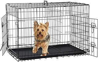 Folding Dog Crate 36″ Metal Portable Outdoor Double Door Wire Large Cat Pet Carage Kennel with ABS Tray, Black