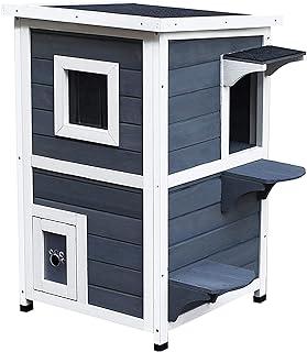 PawHut 2 Story Outdoor Kitten Enclosure Condo Feral Cat Shelter with Escape Door, Window and Platform