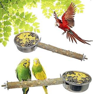 TTEIOPI 2 Pack Parrot Cage Feeder & Water Bowl with Natural Wood Perch Platform