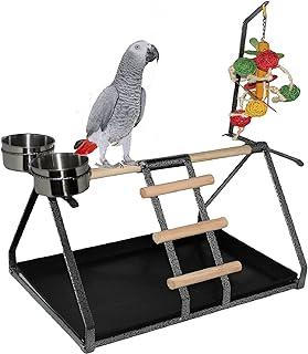 Parrot Bird Perch Table Top Stand Metal Wood 2 Steel Cups Play for Medium and Large Breed
