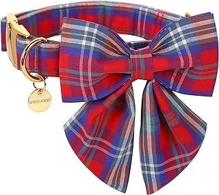 DOGWONG Cotton Dog Collar with Bow Tie Christmas Red Blue Plaid