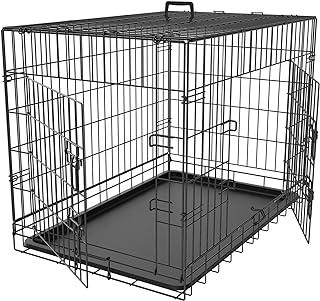 Double Door Folding Metal Kennel Cage with Tray for Small/Medium Dogs Indoor Outdoor Travel Use