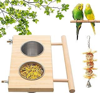 Bird Feeding Dish Cups & Water Bowl with Wooden Platform for Parrot Cockatiels